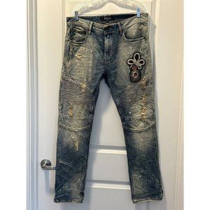 AKOO Mens Jeans  Slim Fit Blue‎ Denim Distressed Trust Nothing Patch  34W x 32L